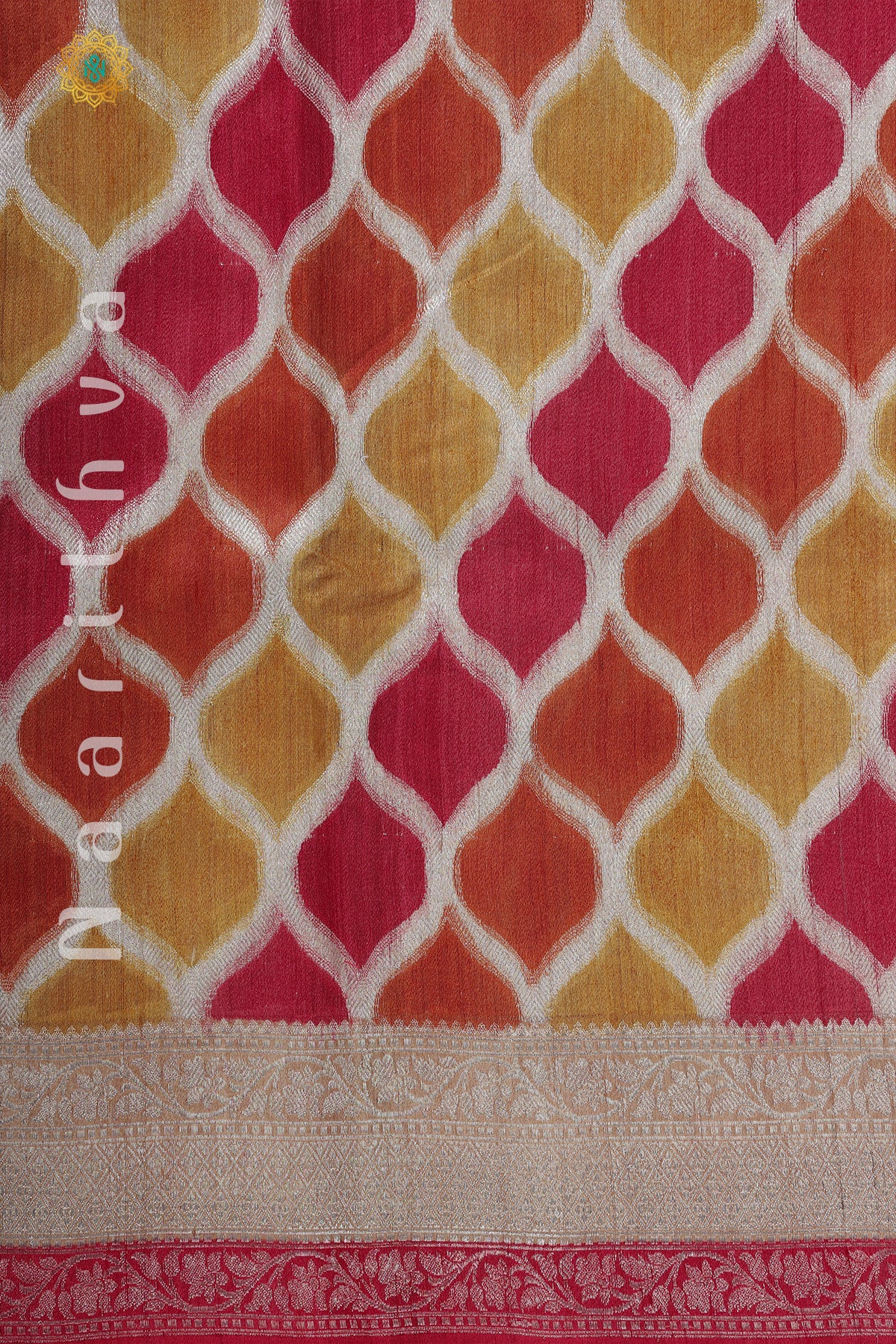 YELLOW WITH PINK & ORANGE - PURE HANDLOOM TUSSAR SILK