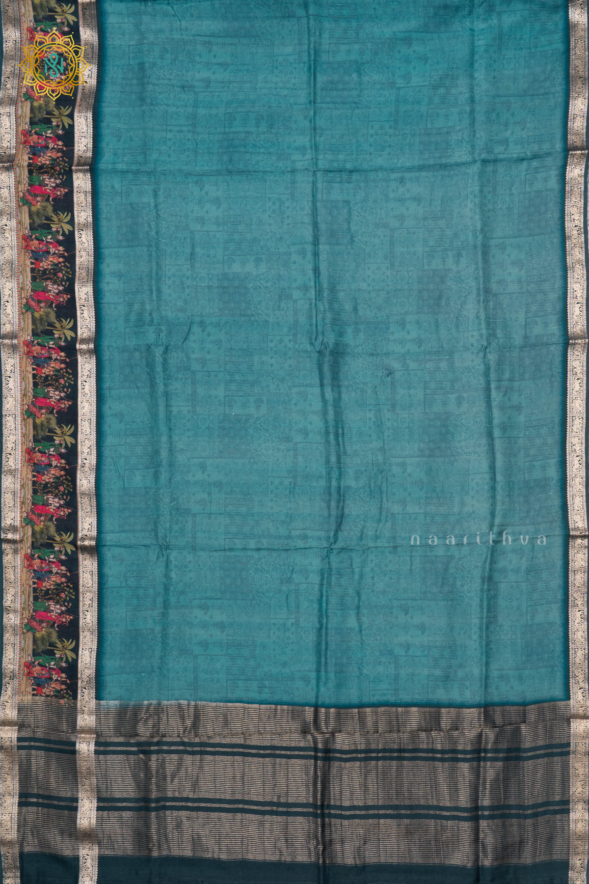 AQUA BLUE WITH PEACOCK GREEN - SEMI CREPE SILK