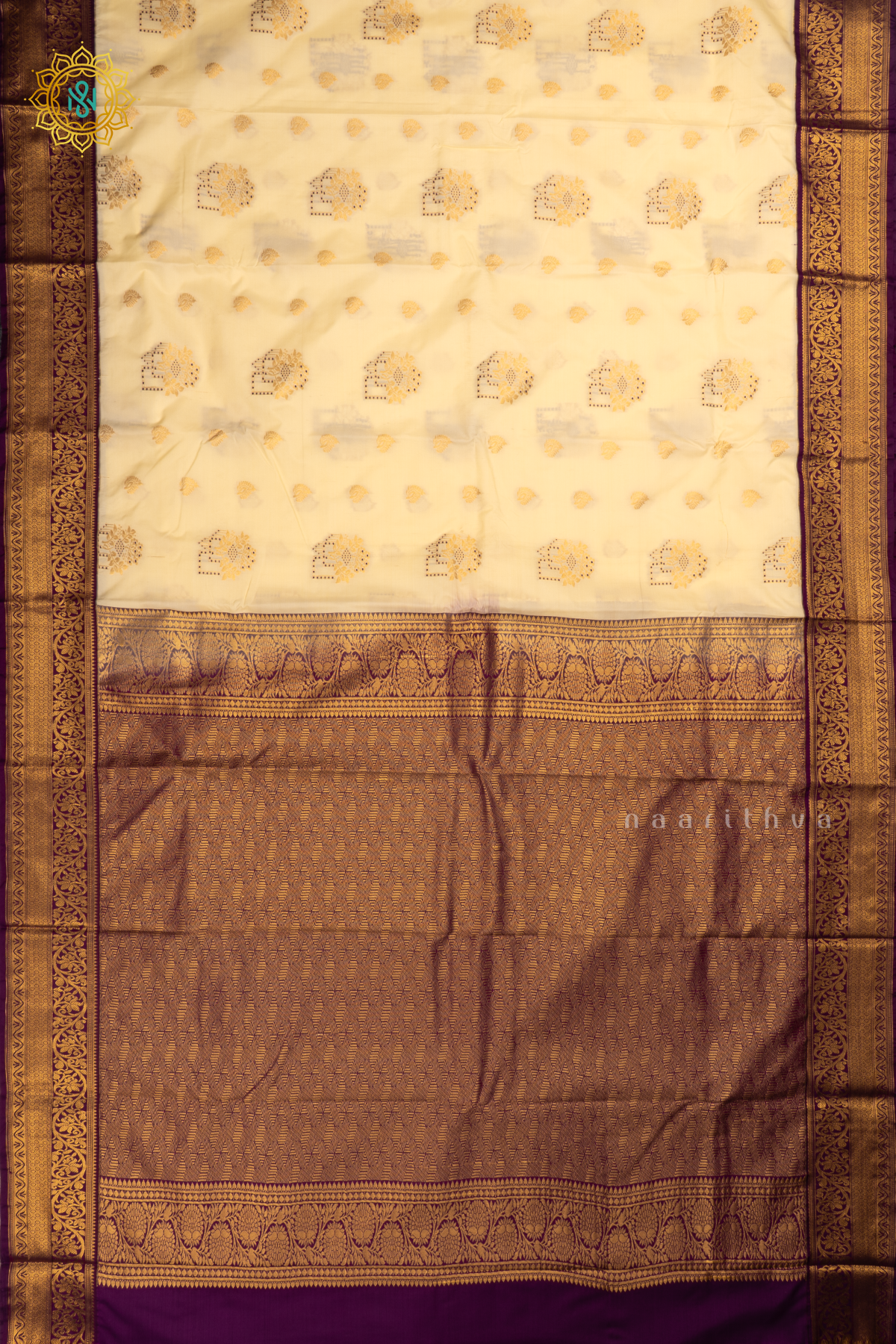 Off White with Purple  Semi Kanchi Saree With Zari Buttas All Over And Contrast Zari Border