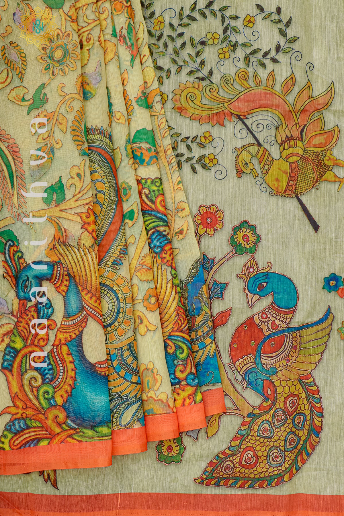 LIGHT YELLOW WITH ORANGE - CHANDERI SILK COTTON