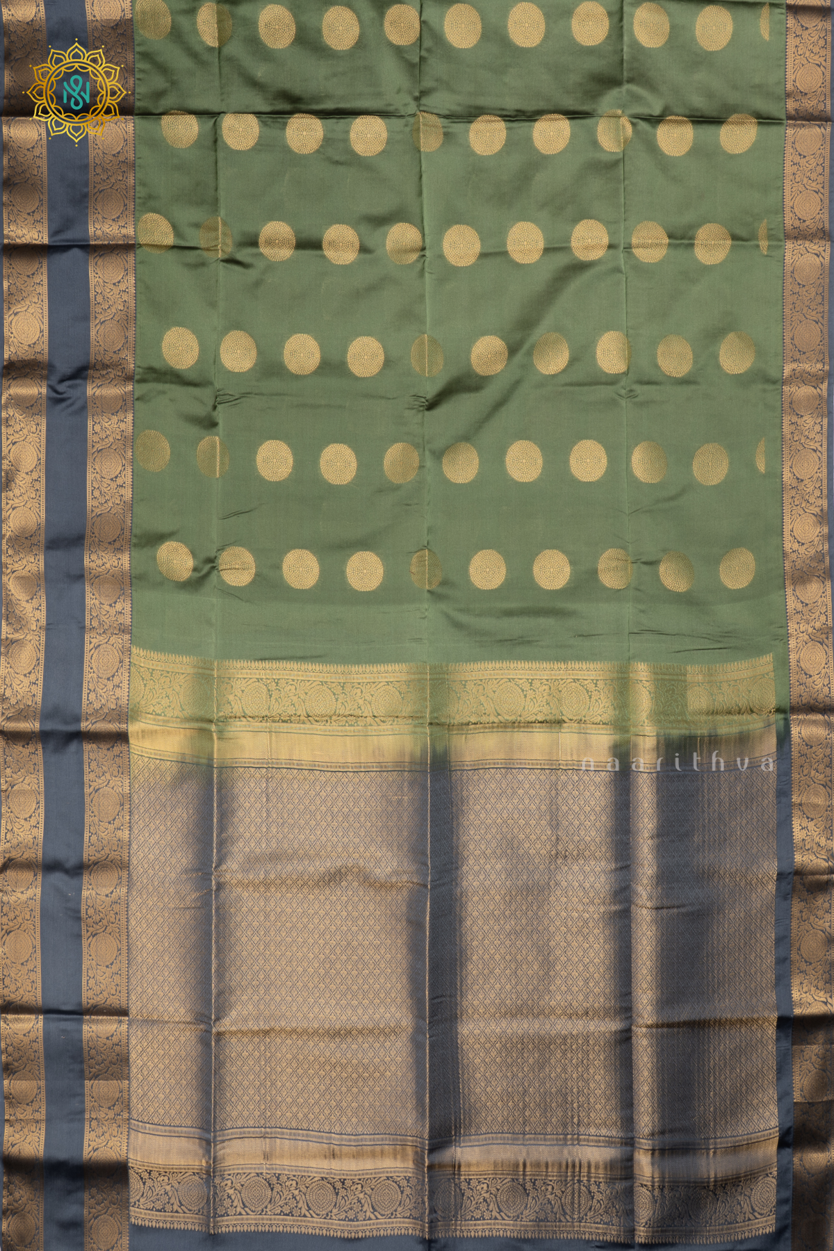 GREEN WITH GREYISH BLUE - SEMI SOFT SILK SAREE ALLOVER ZARI BUTTAS AND CONTRAST GAP BORDER