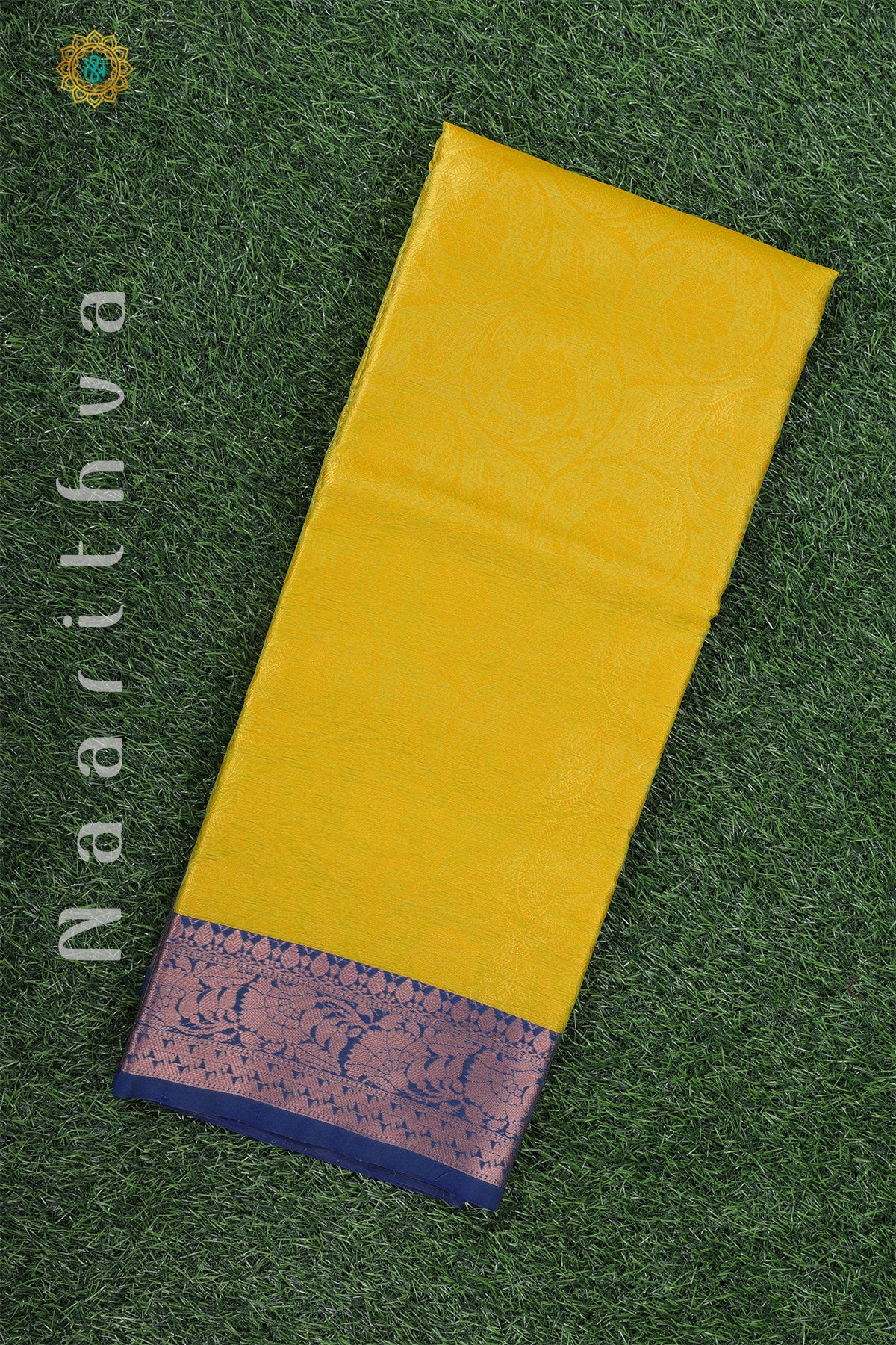 YELLOW WITH BLUE - KORA TANCHOI SILK WITH CONTRAST BORDER