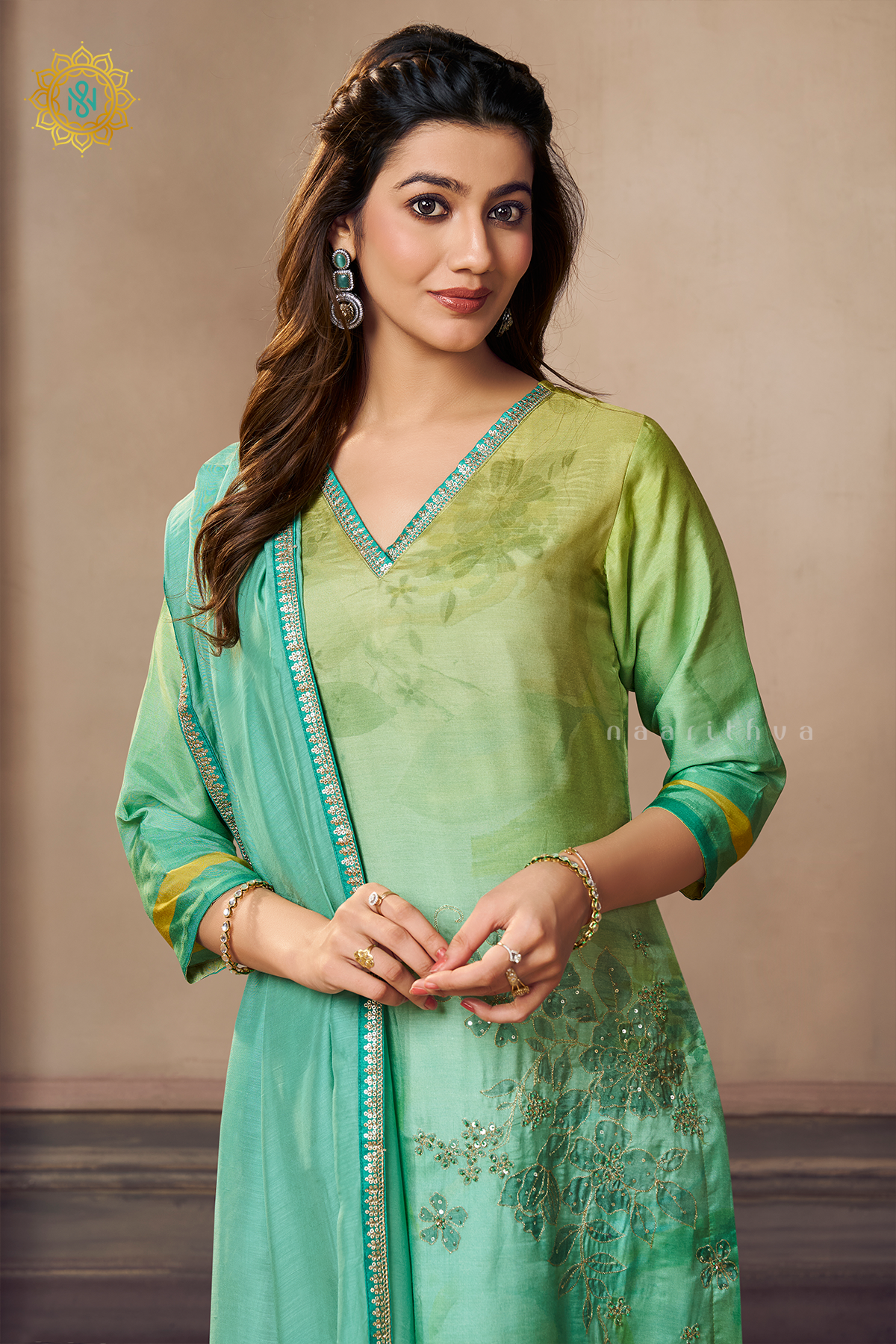 LIME GREEN WITH AQUA GREEN - CREPE 3PC SALWAR SUIT WITH TOP, BOTTOM & DUPATTA