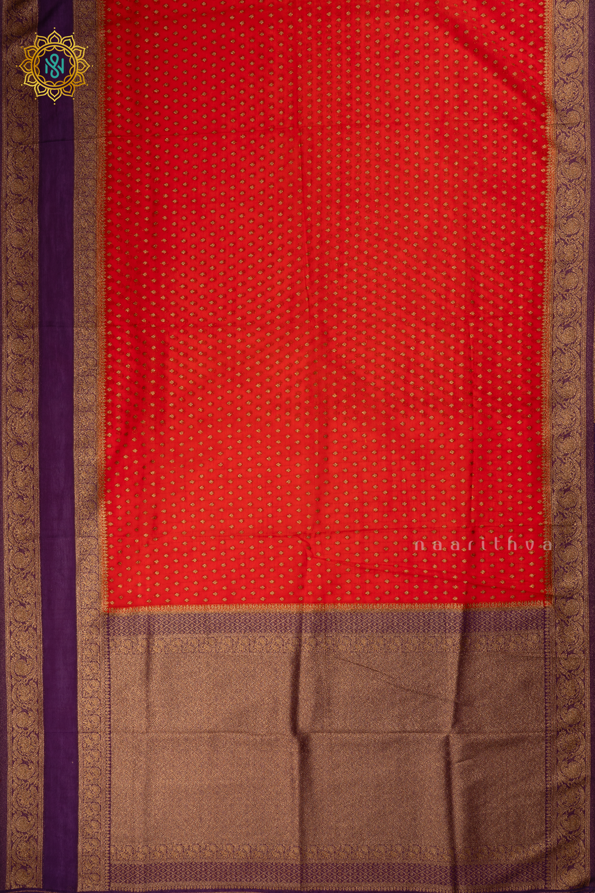 Orange With Purple Semi Georgette Saree With Zari Buttas All Over And Contrast Zari Gap Border