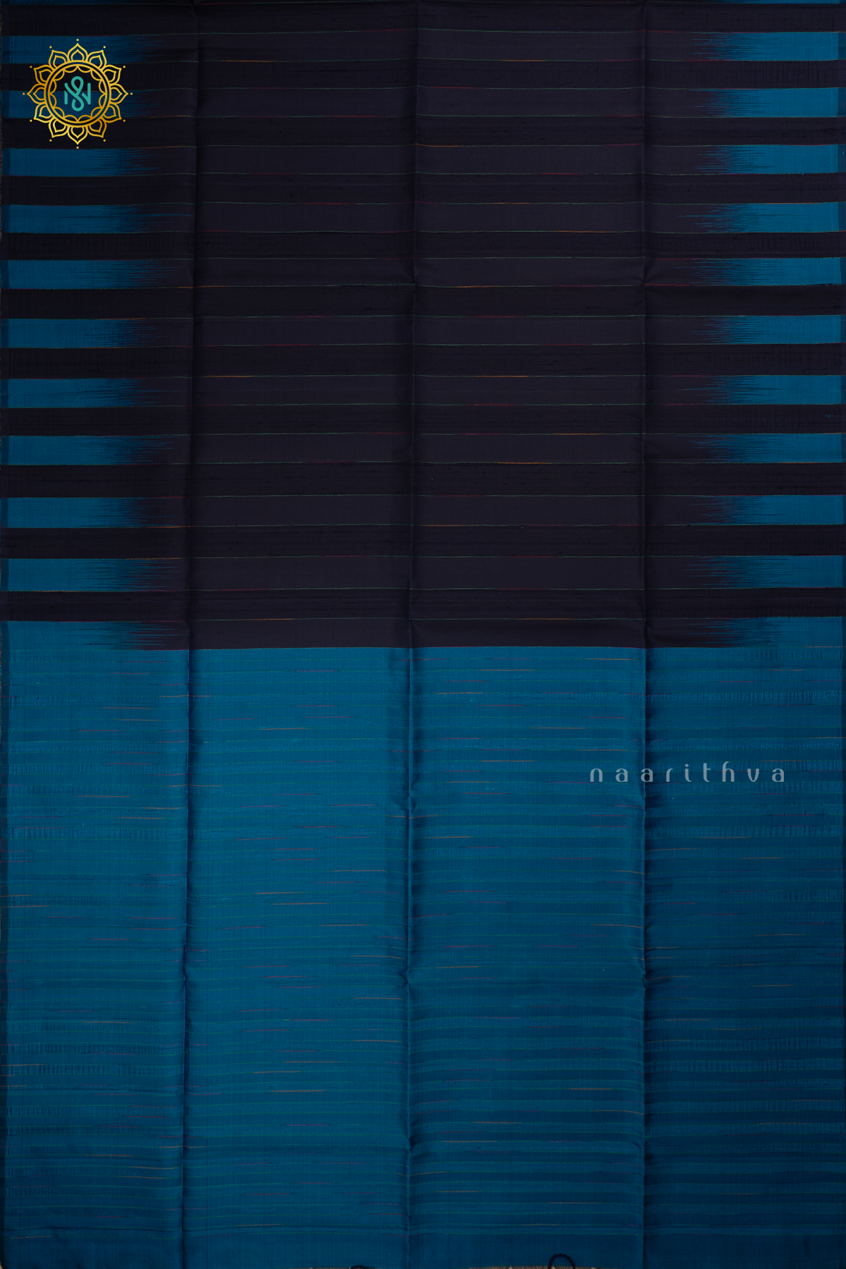 Navy Blue with Sky Blue Pure Kanjivaram Soft Silk Saree With Plain Body And Contrast Temple Rising Border, Pallu