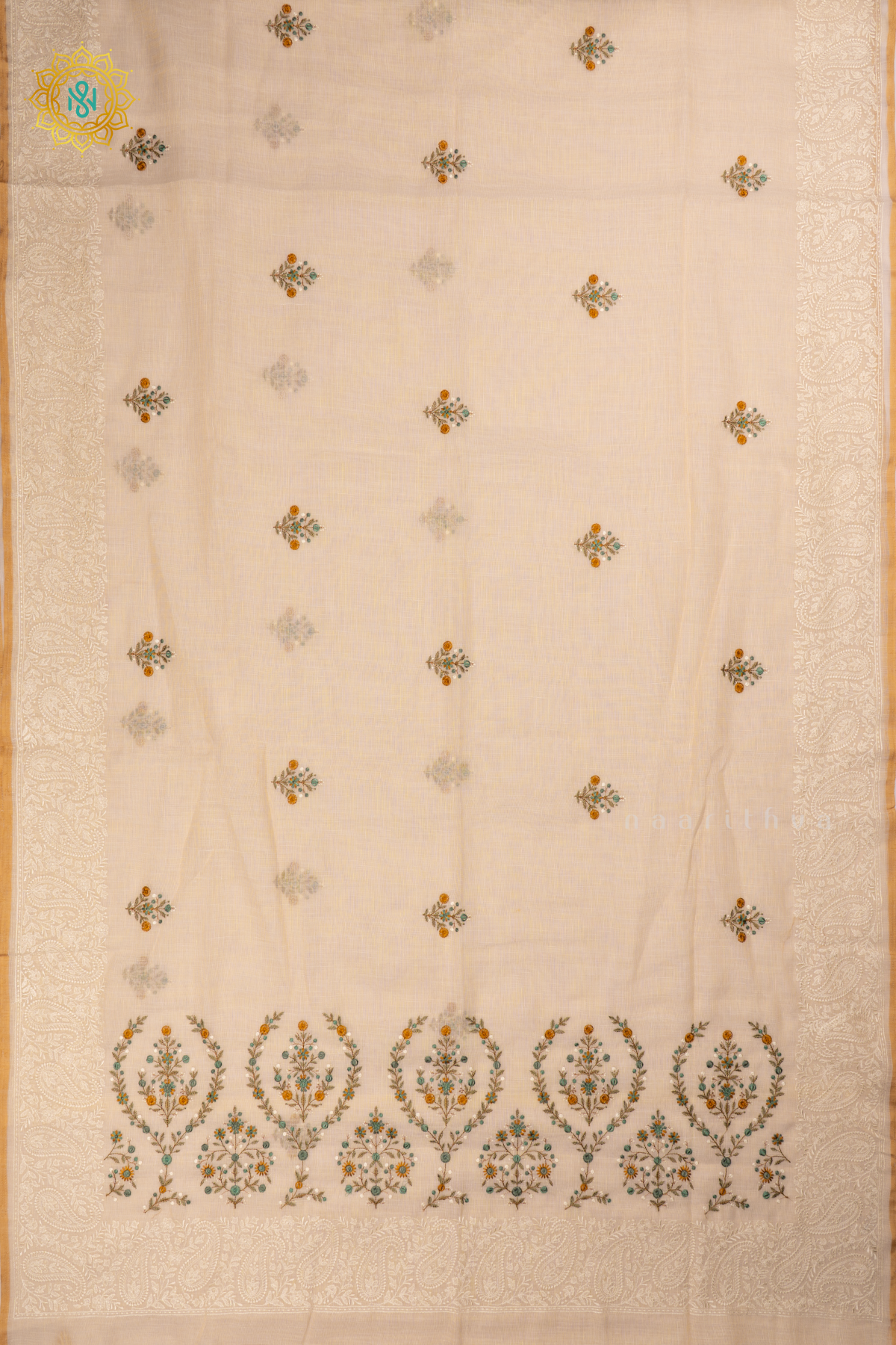Off White with Aqua Green Linen Tissue Saree with Allover Thread Work, Border and pallu