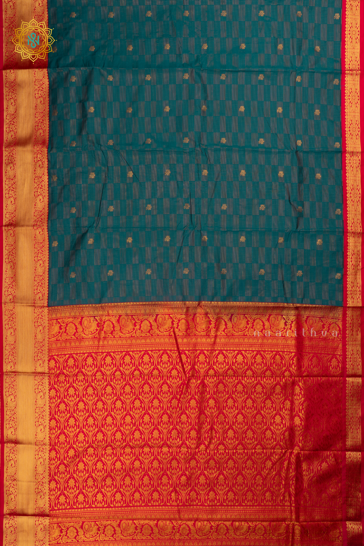 Peacock Blue with Rani Pink Semi Kanchi Saree With Zari Buttas All Over And Contrast Zari Border