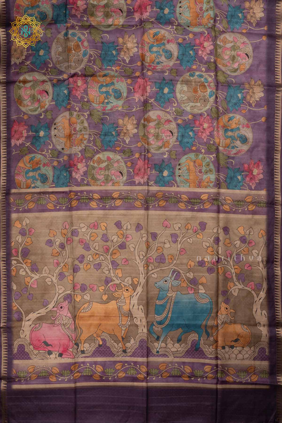 Purple Semi Tussar Silk Saree With Kalamkari Prints allover the body,Pallu and Zari Border