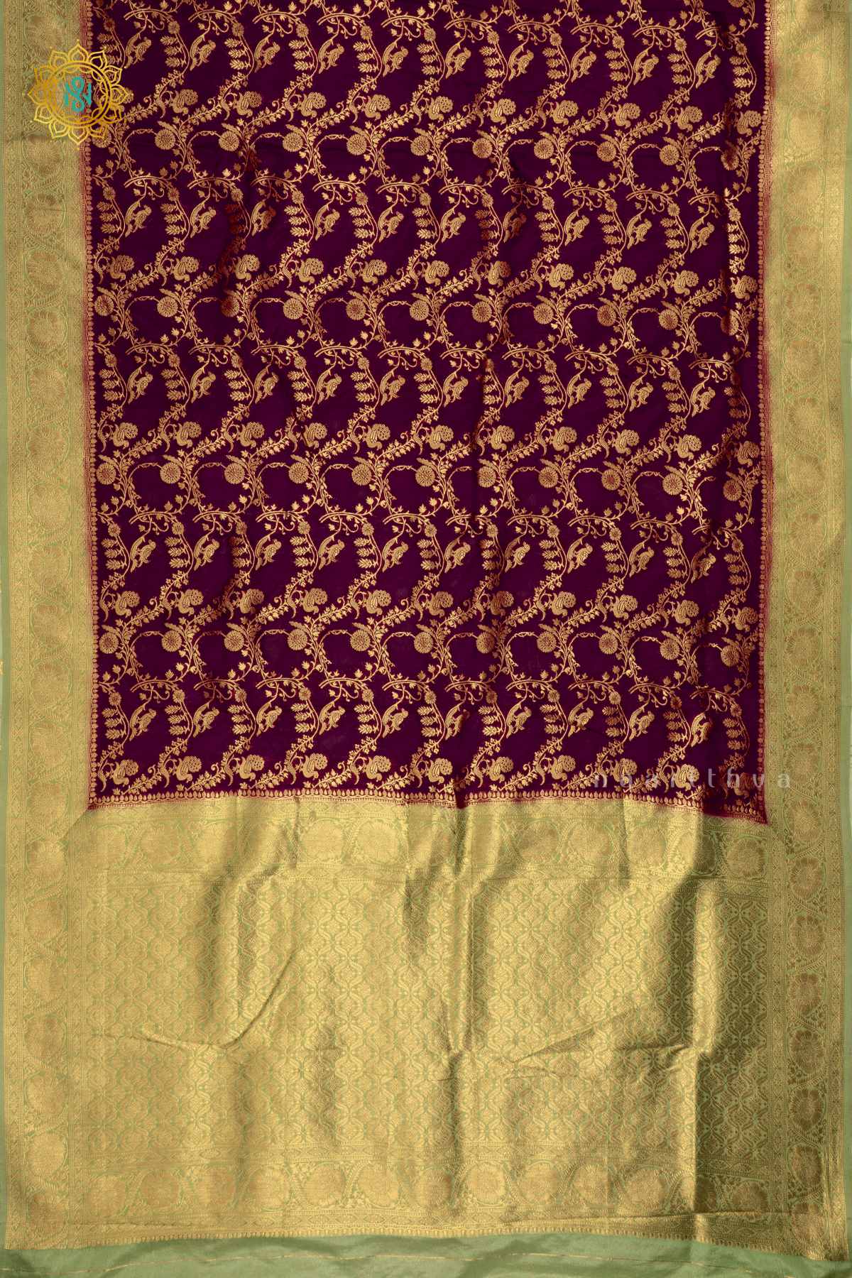 Wine With Pista Green Semi Crepe Georgette Saree With Brocade Body And Contrast Zari Border