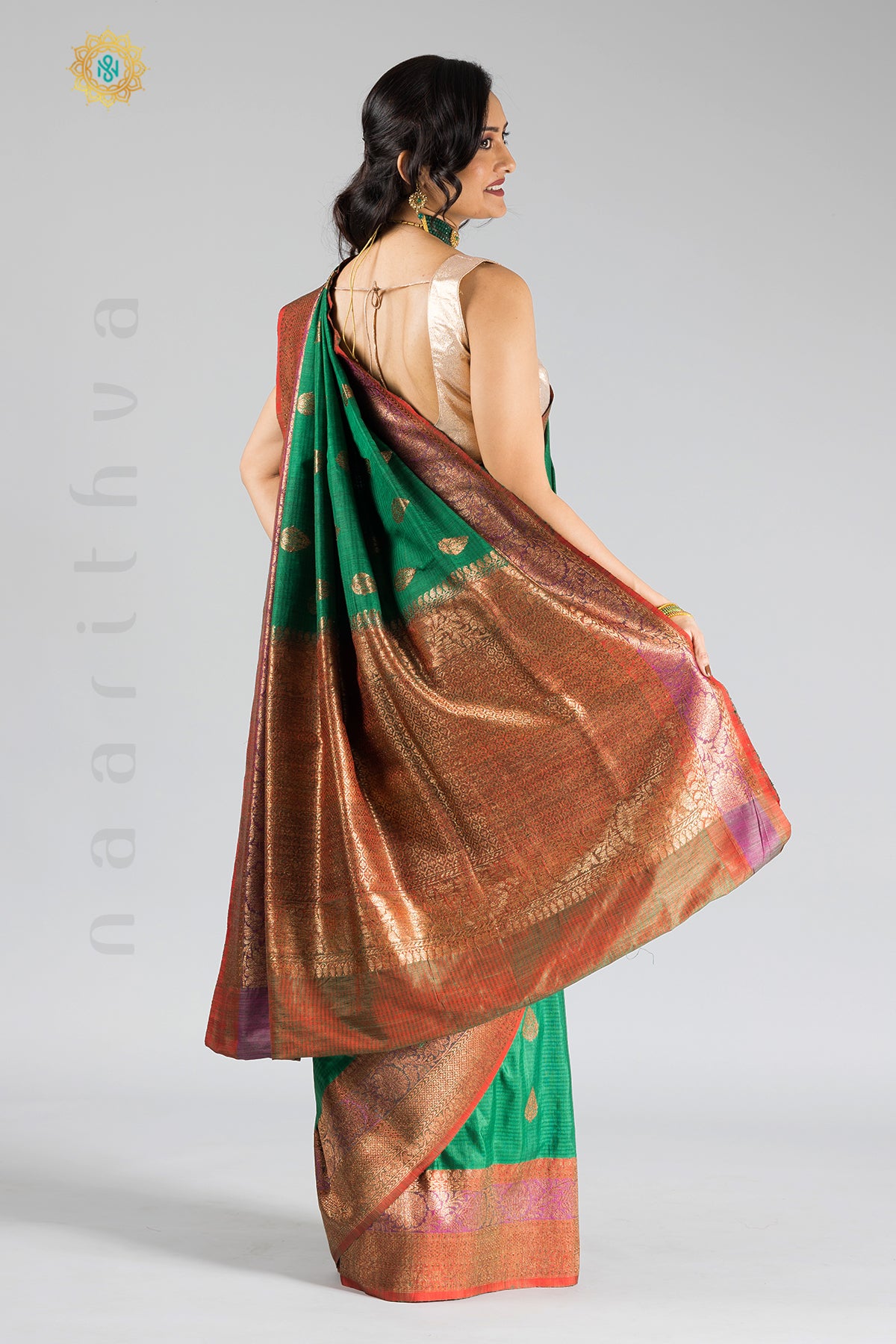 GREEN - PURE MATKA DUPION SILK WITH ZARI WOVEN BUTTA & CONTRAST BLOUSE