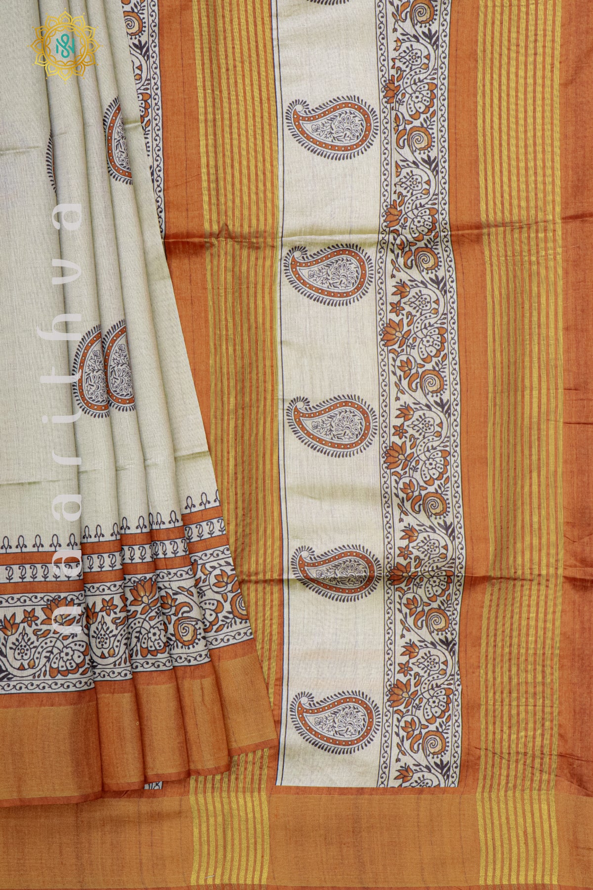 BIEGE WITH ORANGE - SEMI TUSSAR SILK