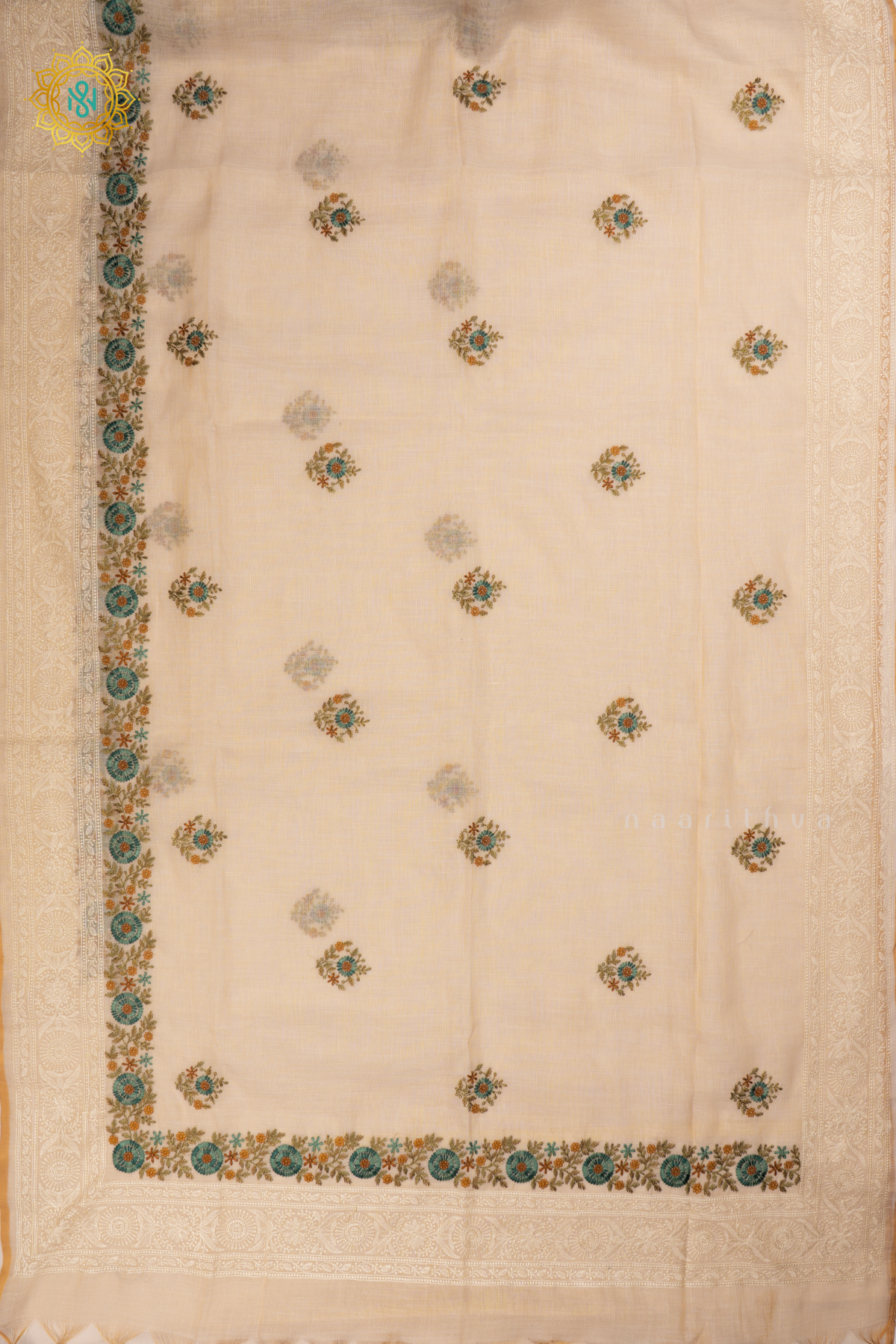Off white Linen Tissue Saree with All-Over Embroidered Buttas on the Body, Featuring an Embroidery Border and Pallu