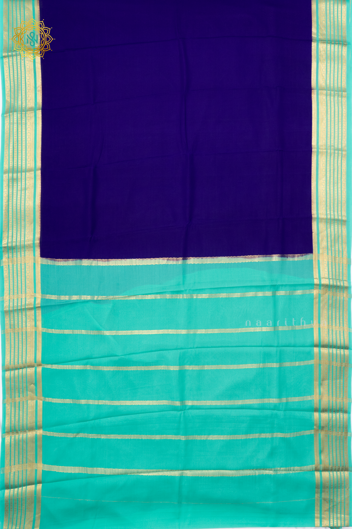 ROYAL BLUE WITH AQUA GREEN - PURE MYSORE CREPE SILK