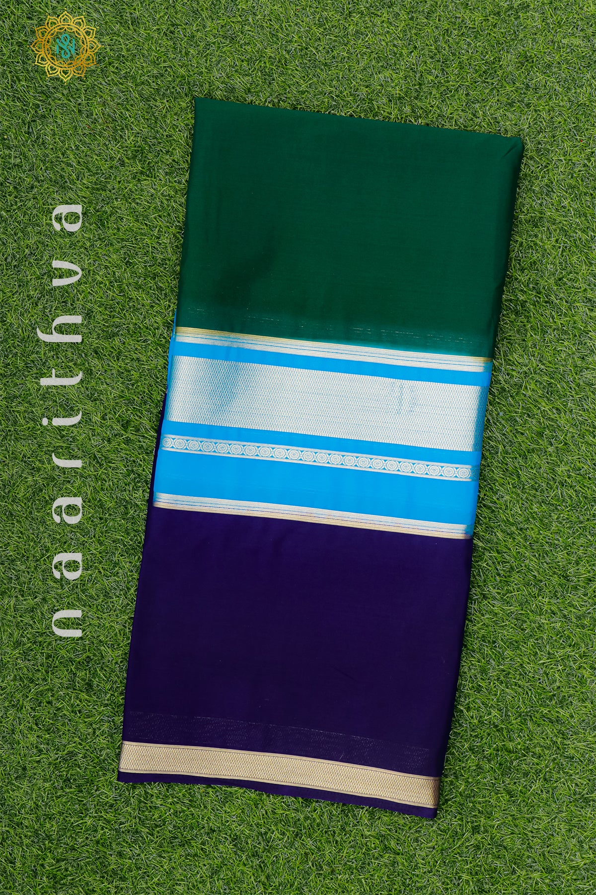 BOTTLE GREEN WITH SKY BLUE & NAVY BLUE - SEMI MYSORE CREPE SILK