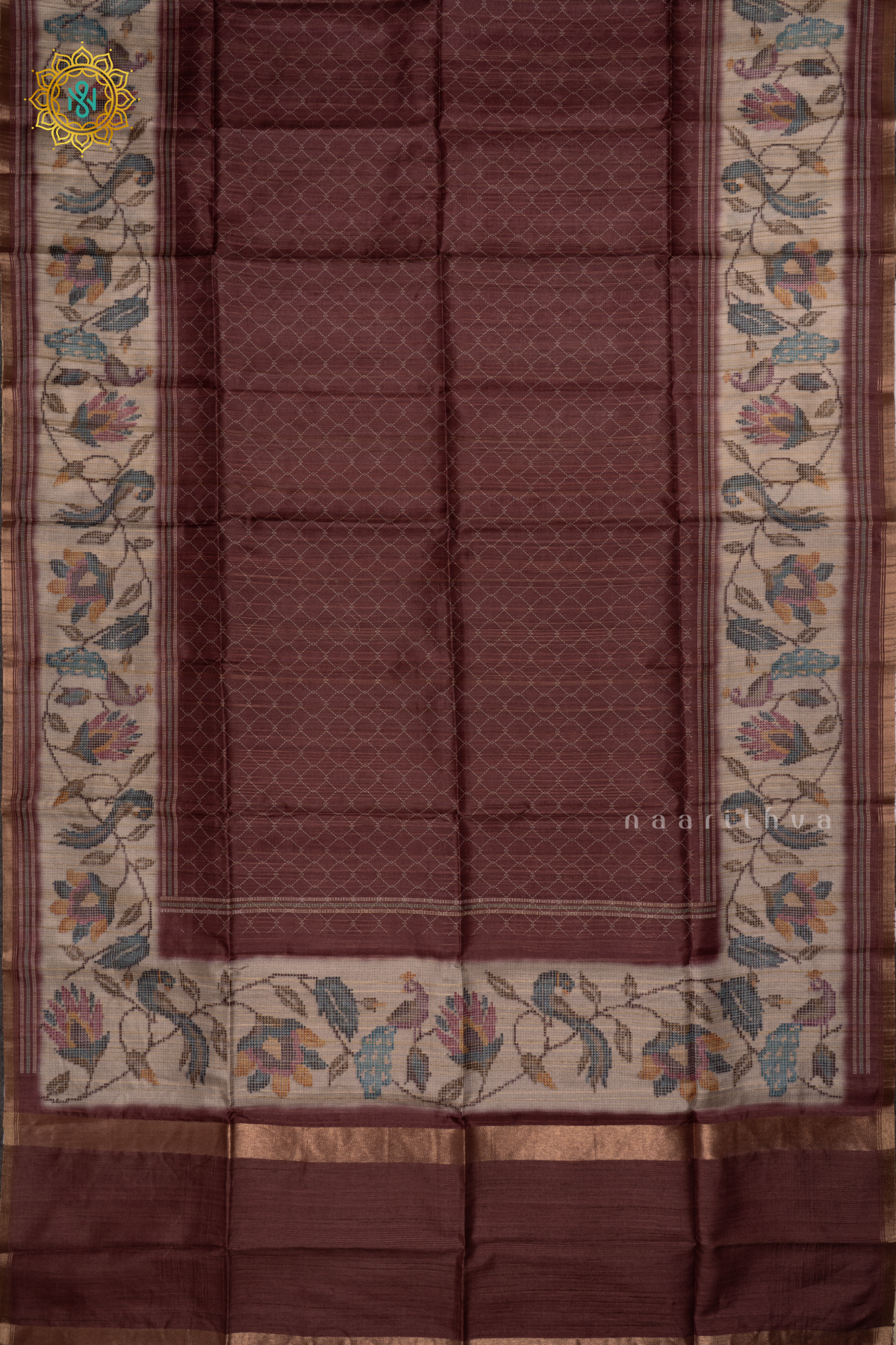 Brown Semi Tussar Silk Saree With Printed Body And Printed Border