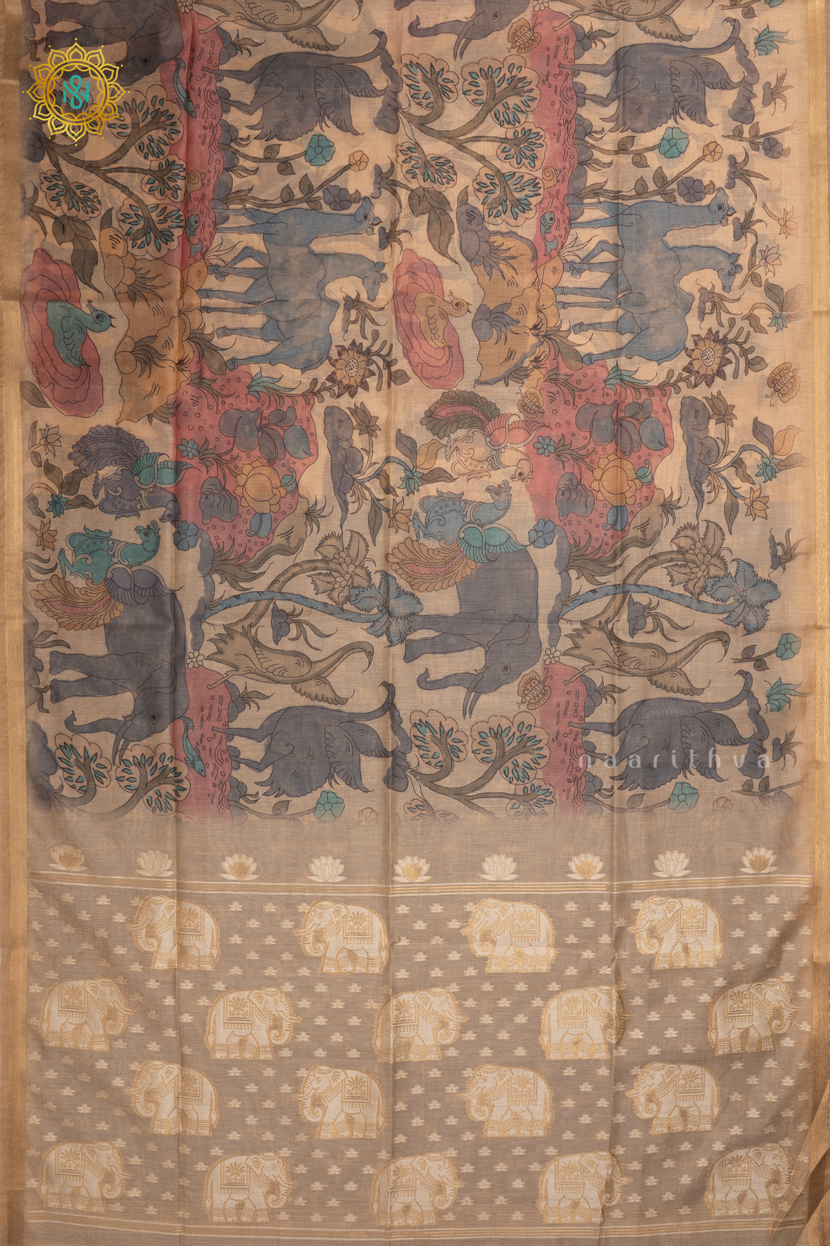 Beige With Blue Linen By Cotton Saree With Kalamkari Prints On The Body