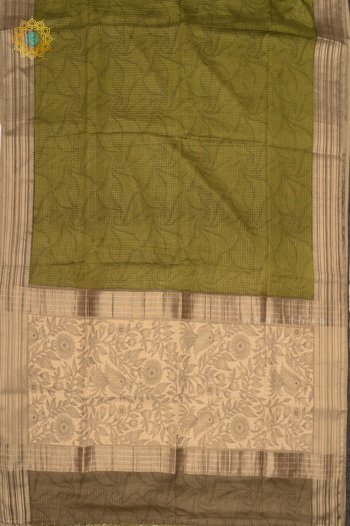 PARROT GREEN WITH BEIGE - SEMI CREPE SILK