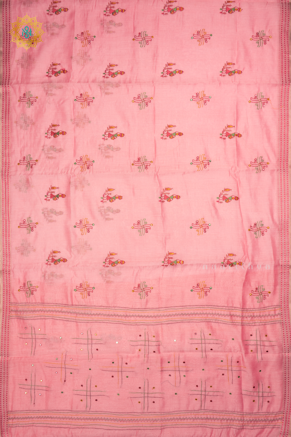 LIGHT PINK - CHANDERI  COTTON SAREE WITH EMBROIDERY BUTTAS,  PALLU AND  THREAD WOVEN BORDER