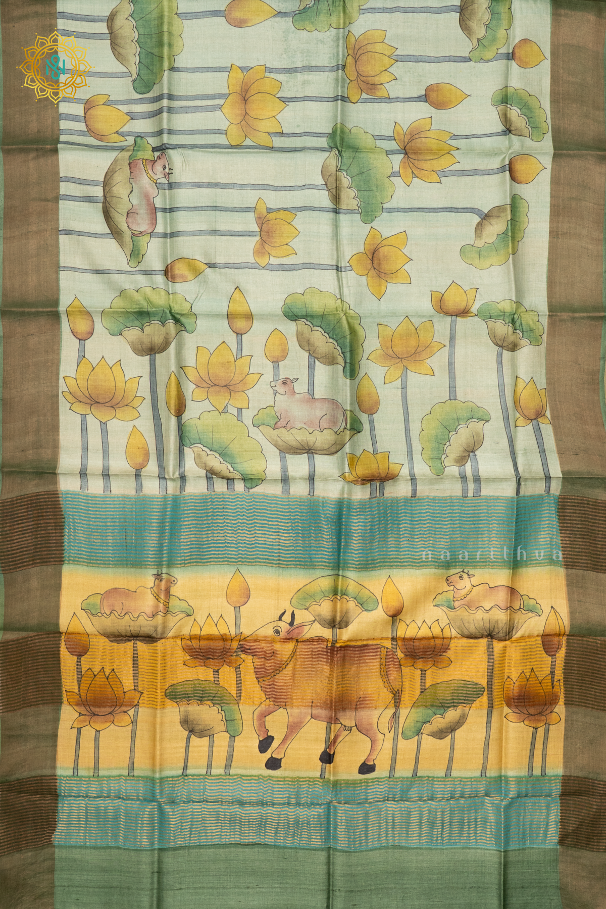 AQUA BLUE WITH PISTA GREEN - PURE TUSSAR SILK