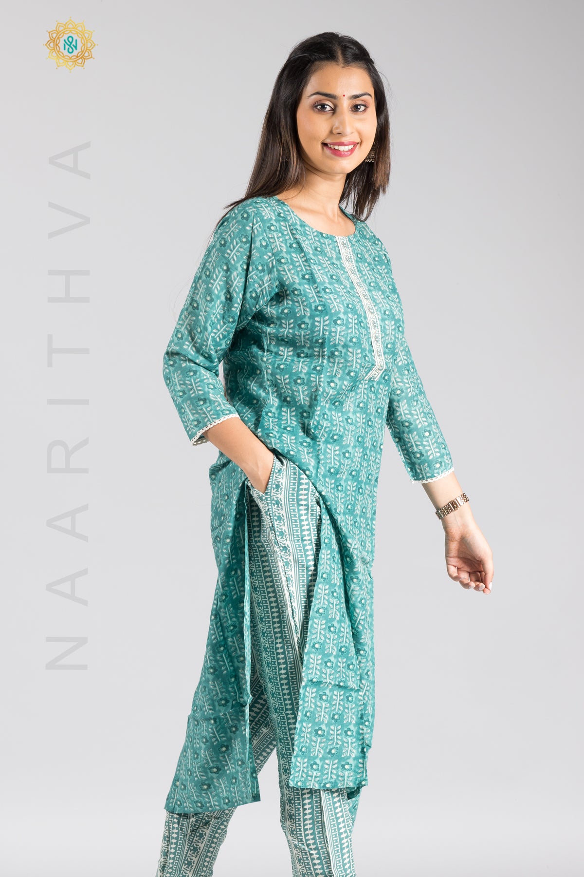 SEA GREEN - PRINTED STRAIGHT CUT KURTI & BOTTOM SUIT