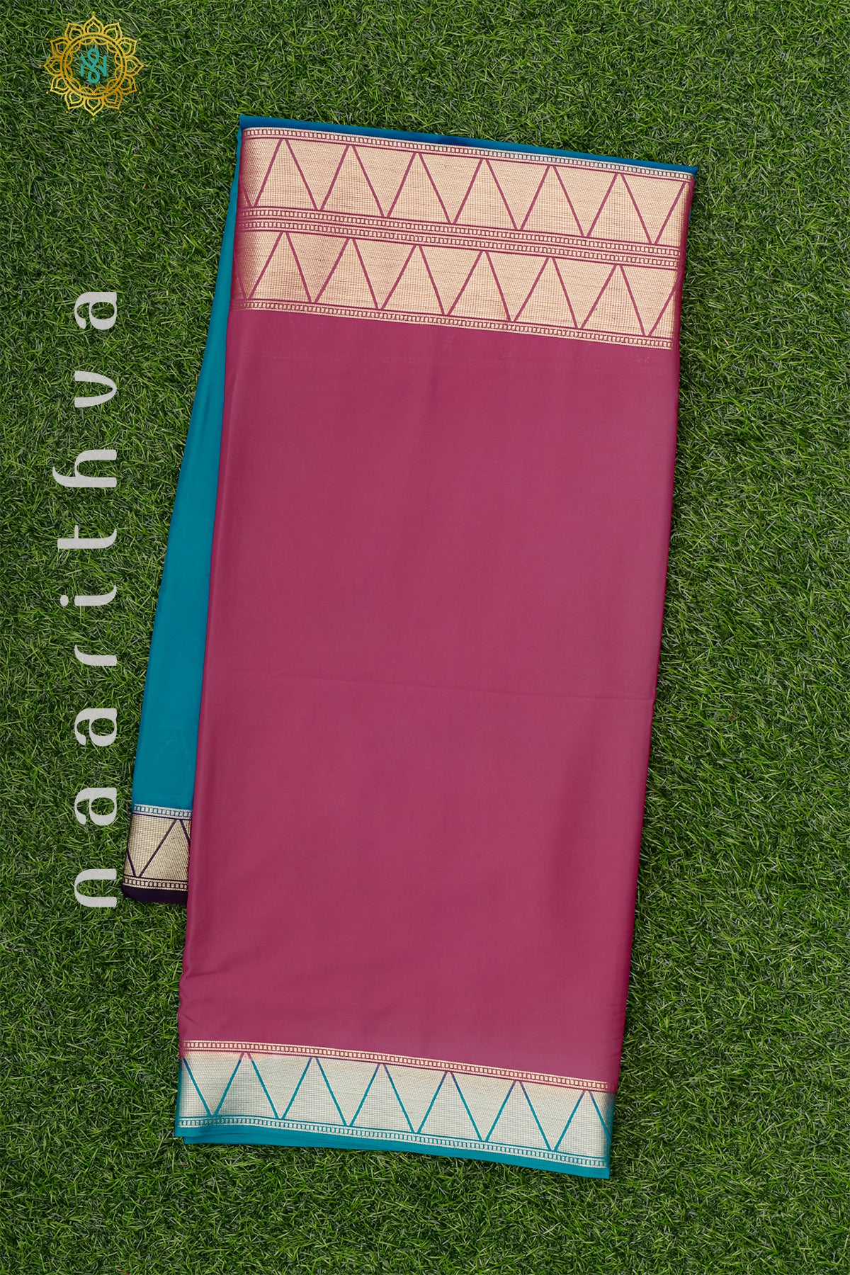 CYAN GREEN WITH PEACHISH PINK - SEMI MYSORE CREPE SILK