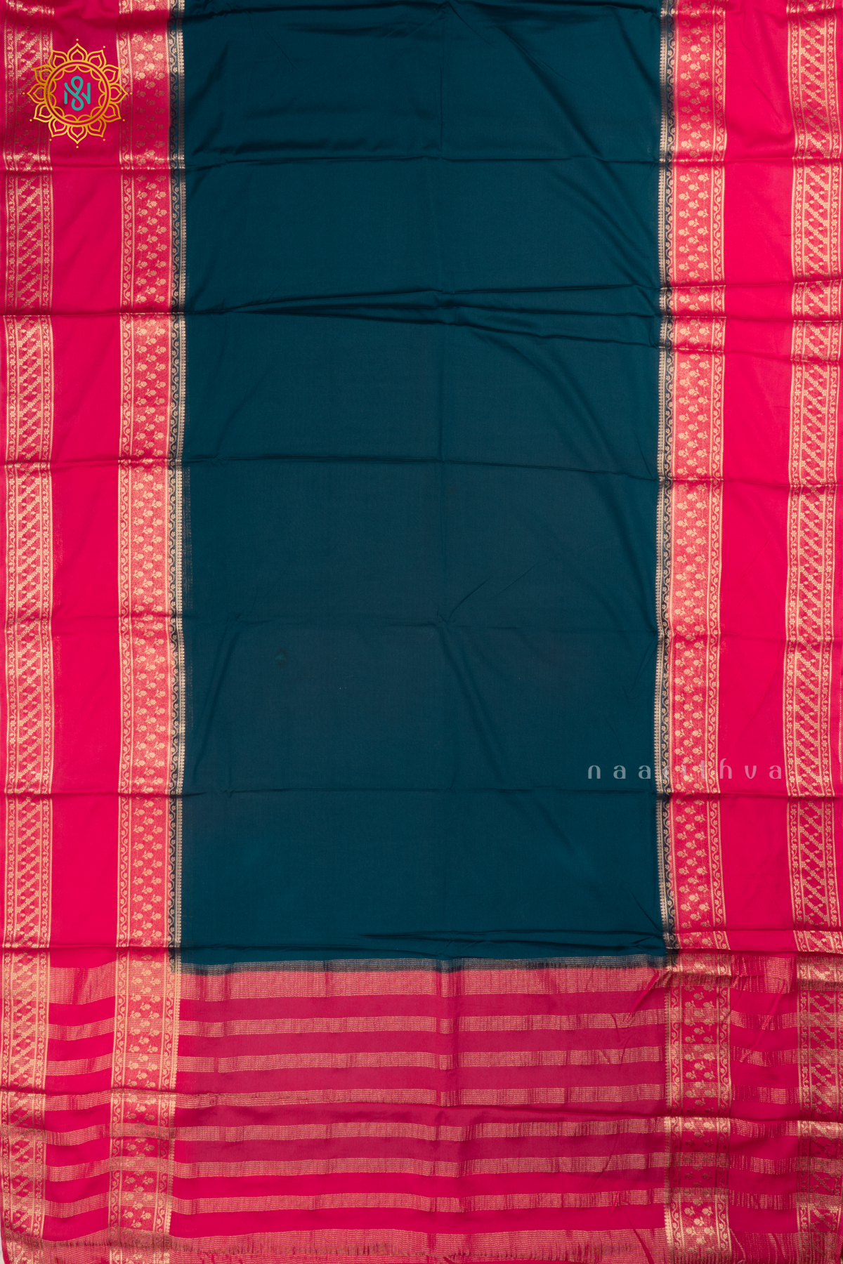 Peacock Blue with Pink Semi Mysore Crepe Silk Saree Allover Plain Body with Contrast Zari Border, Pallu and Blouse