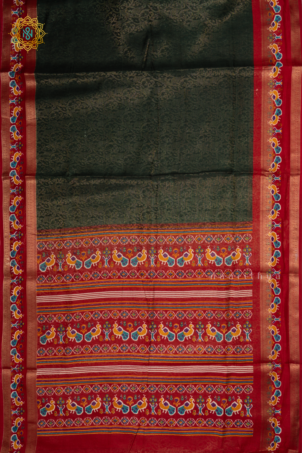 Bottle Green With Red Dola Silk Saree With Zari Woven Body And Printed Zari Border