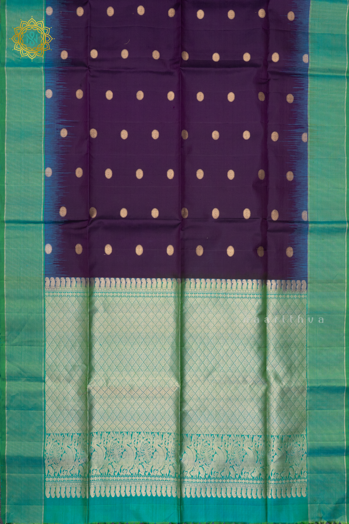 PURPLE WITH AQUA GREEN - PURE KANJIVARAM SOFT SILK