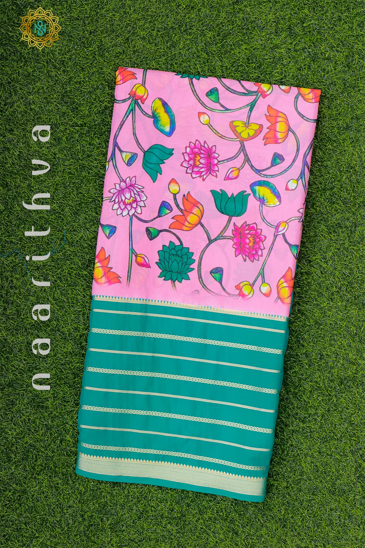 PINK WITH AQUA GREEN - SEMI MYSORE CREPE SILK