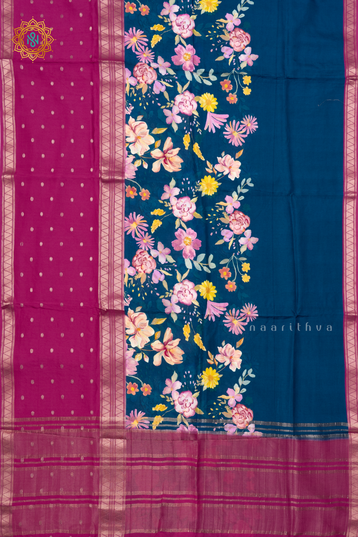 PINK WITH TEAL BLUE - SEMI CREPE SILK