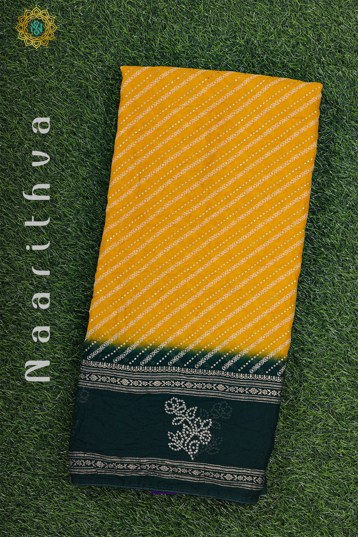 YELLOW WITH GREEN - CRUSHED CHIFFON WITH FOIL PRINT