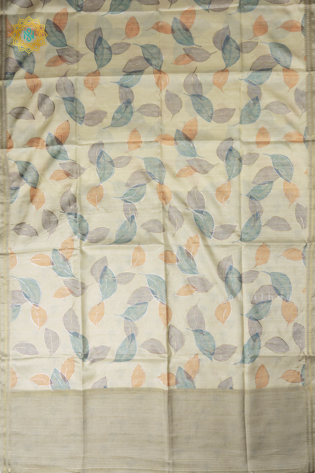 Pista Green Semi Tussar Silk Saree With Allover Leaf Prints On The Body With Contrast Pallu