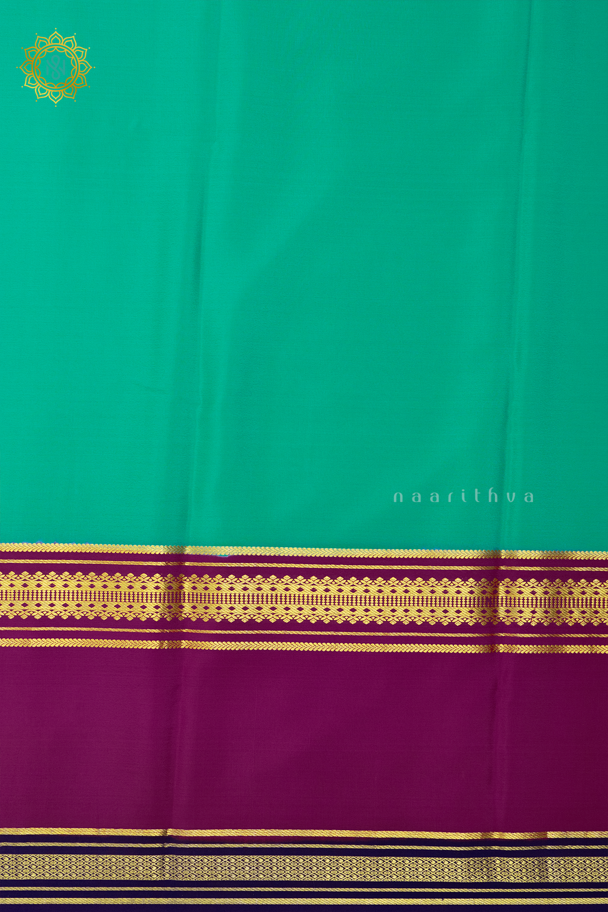 AQUA GREEN WITH PINK & BLUE - PURE MYSORE CREPE SILK