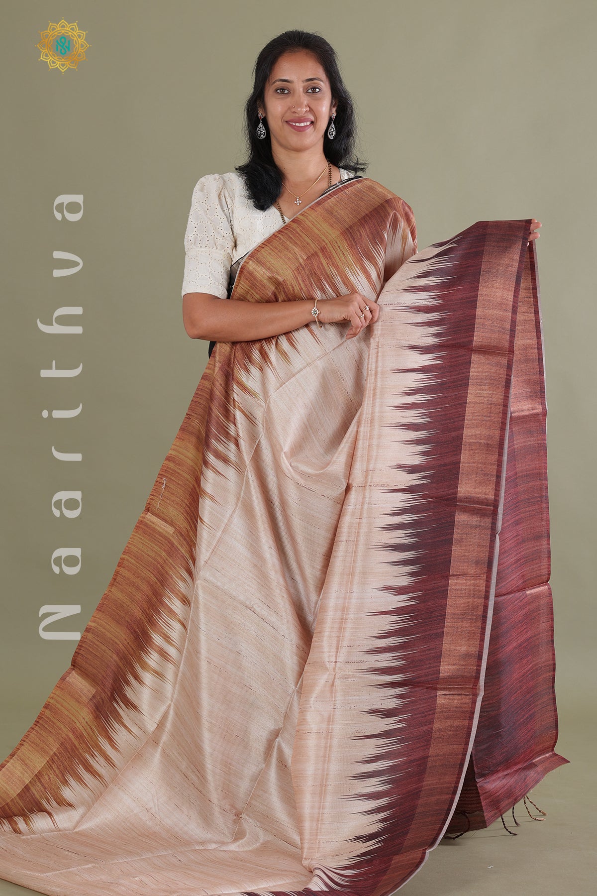BEIGE WITH BROWN WITH WINE - SEMI TUSSAR SILK