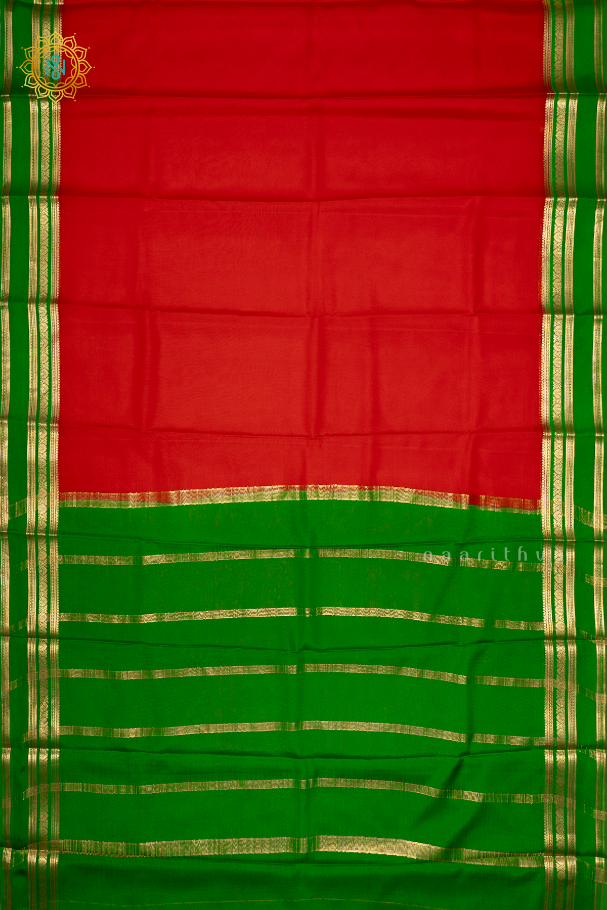 RED WITH GREEN - PURE MYSORE CREPE SILK