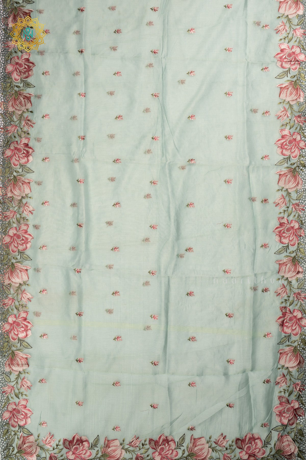 Light Aqua Blue Organza Tissue Saree Allover Embroidery Buttas with Cutwork and Embroidery Border