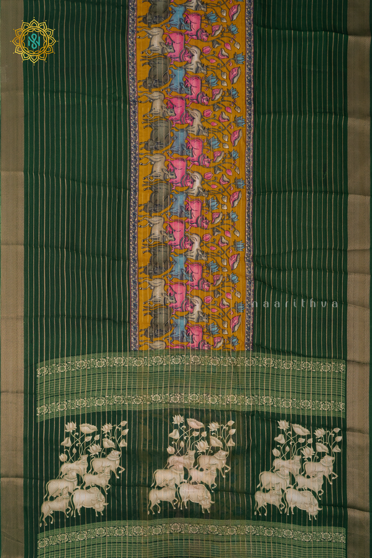 BOTTLE GREEN WITH YELLOW - SEMI GEORGETTE