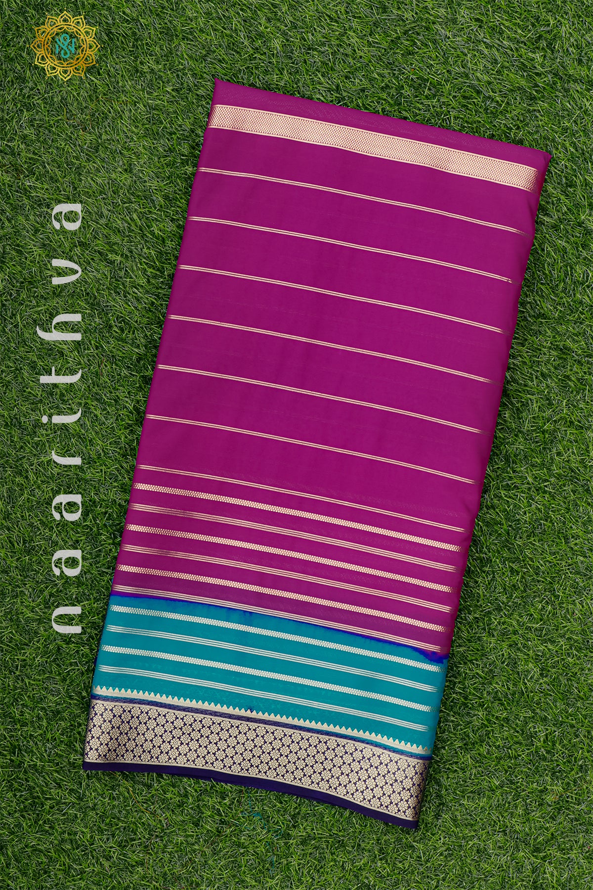 PINK WITH SKY BLUE & NAVY BLUE - SEMI MYSORE CREPE SILK