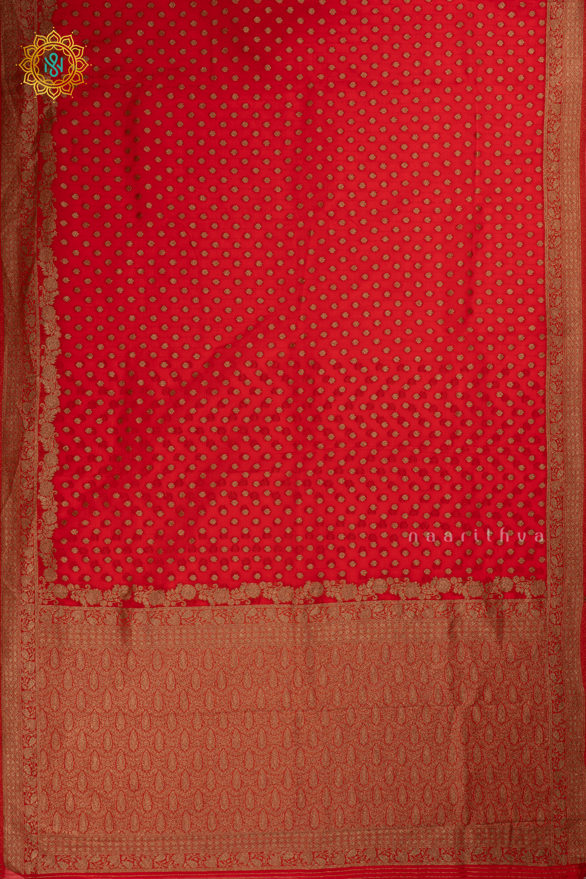 #CNMRed - Semi georgette saree with allover zari buttas and zari border