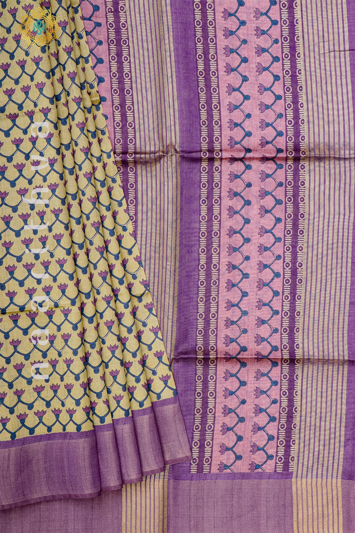 BIEGE WITH LAVENDER - SEMI TUSSAR SILK