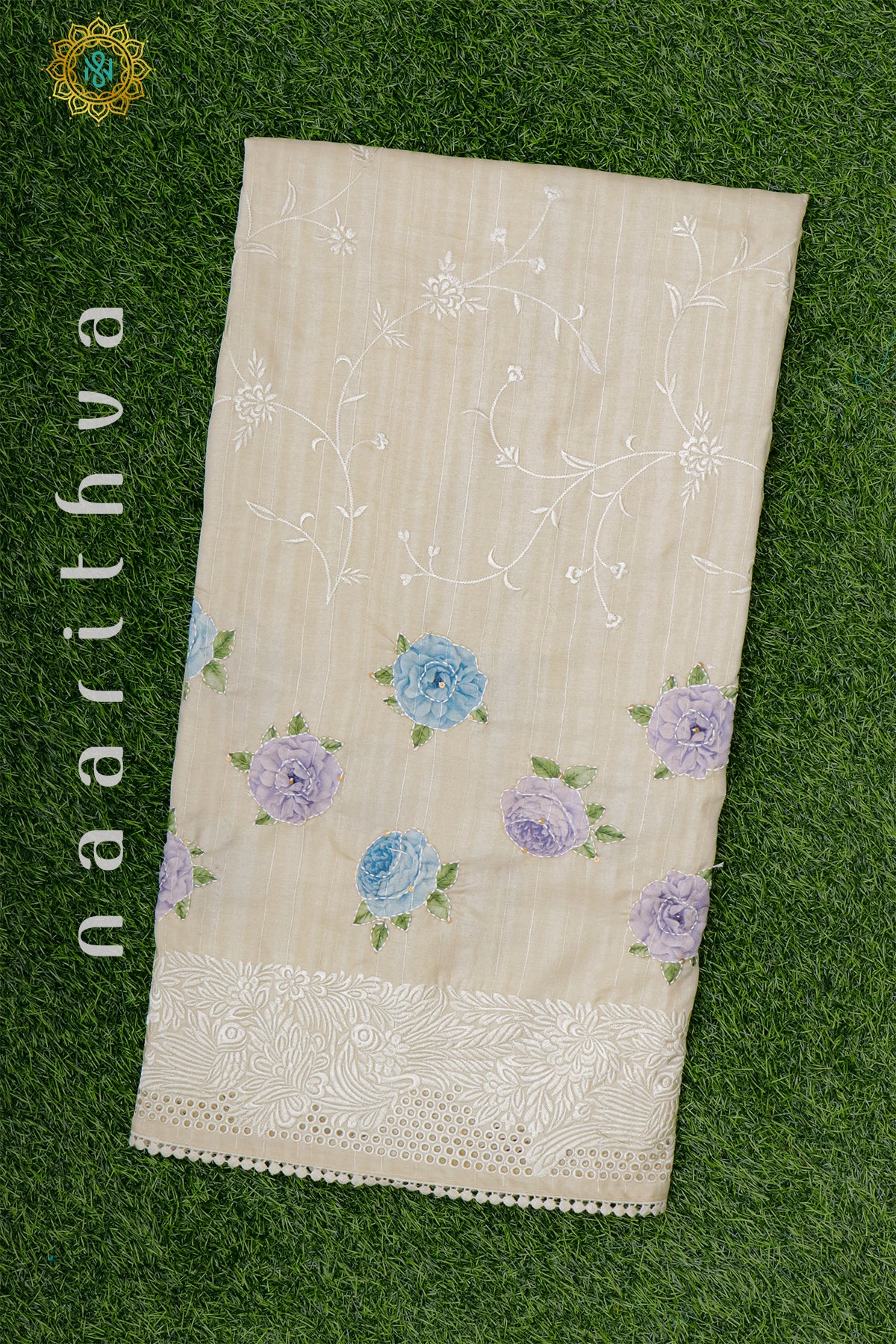 OFF WHITE WITH BLUE - TUSSAR SILK WITH KATHA WORK