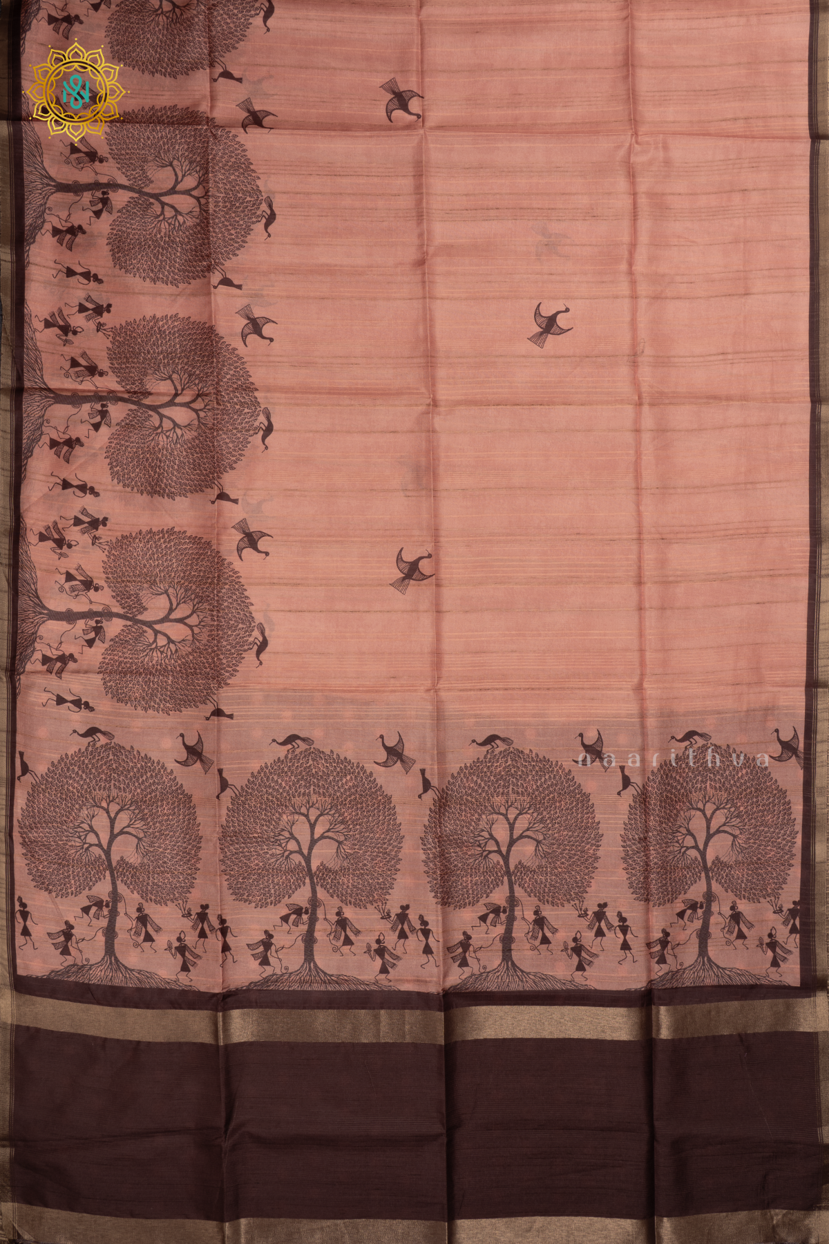 Peach Semi Tussar Silk Saree With Printed Body And Contrast Border