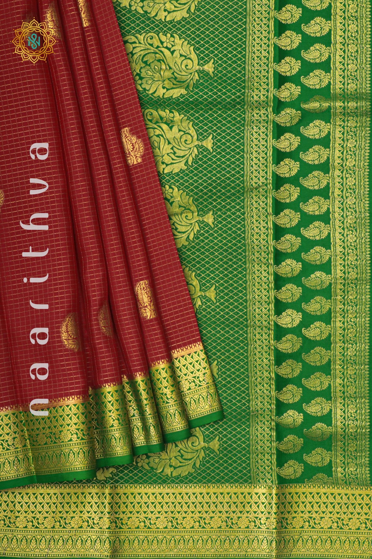 RED WITH GREEN - PURE MYSORE CREPE SILK