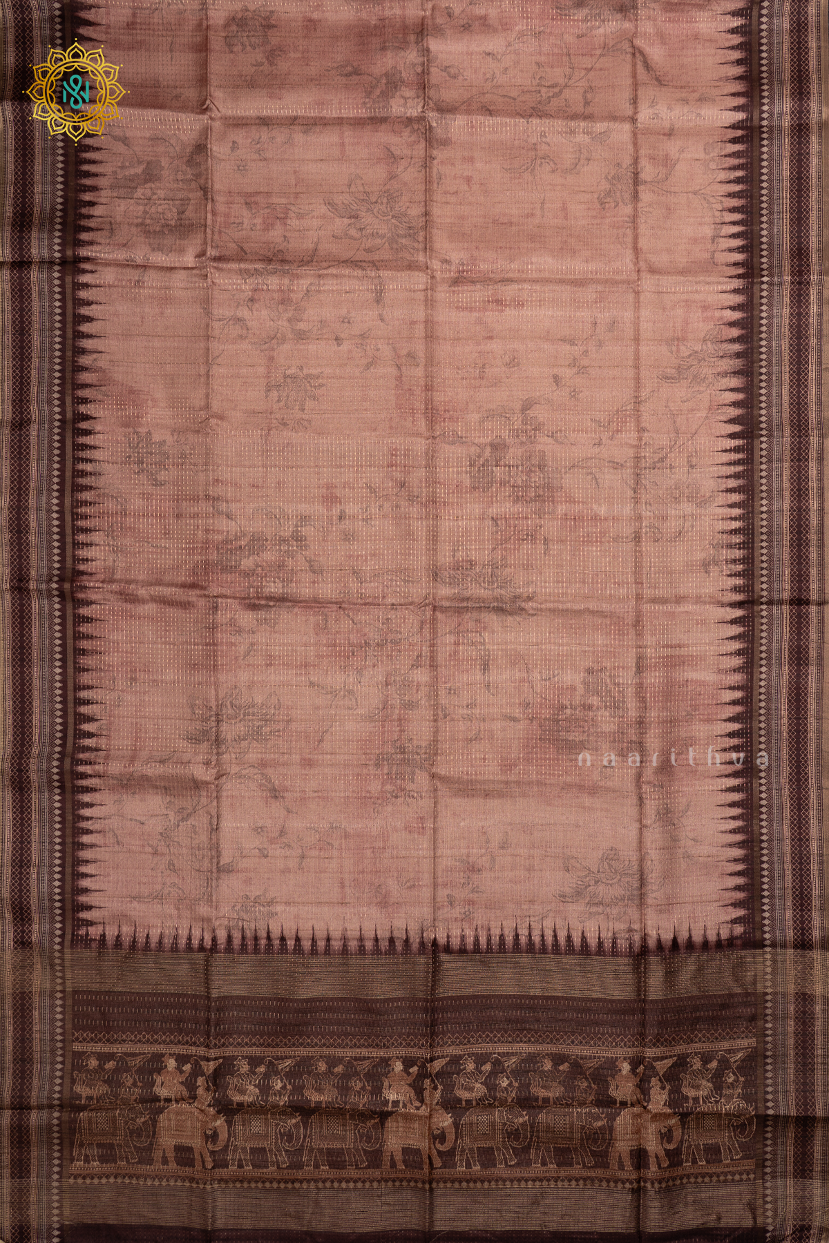 Peach With Brown Semi Tussar Silk Saree With Printed Body, Zari Stripes And Printed Border