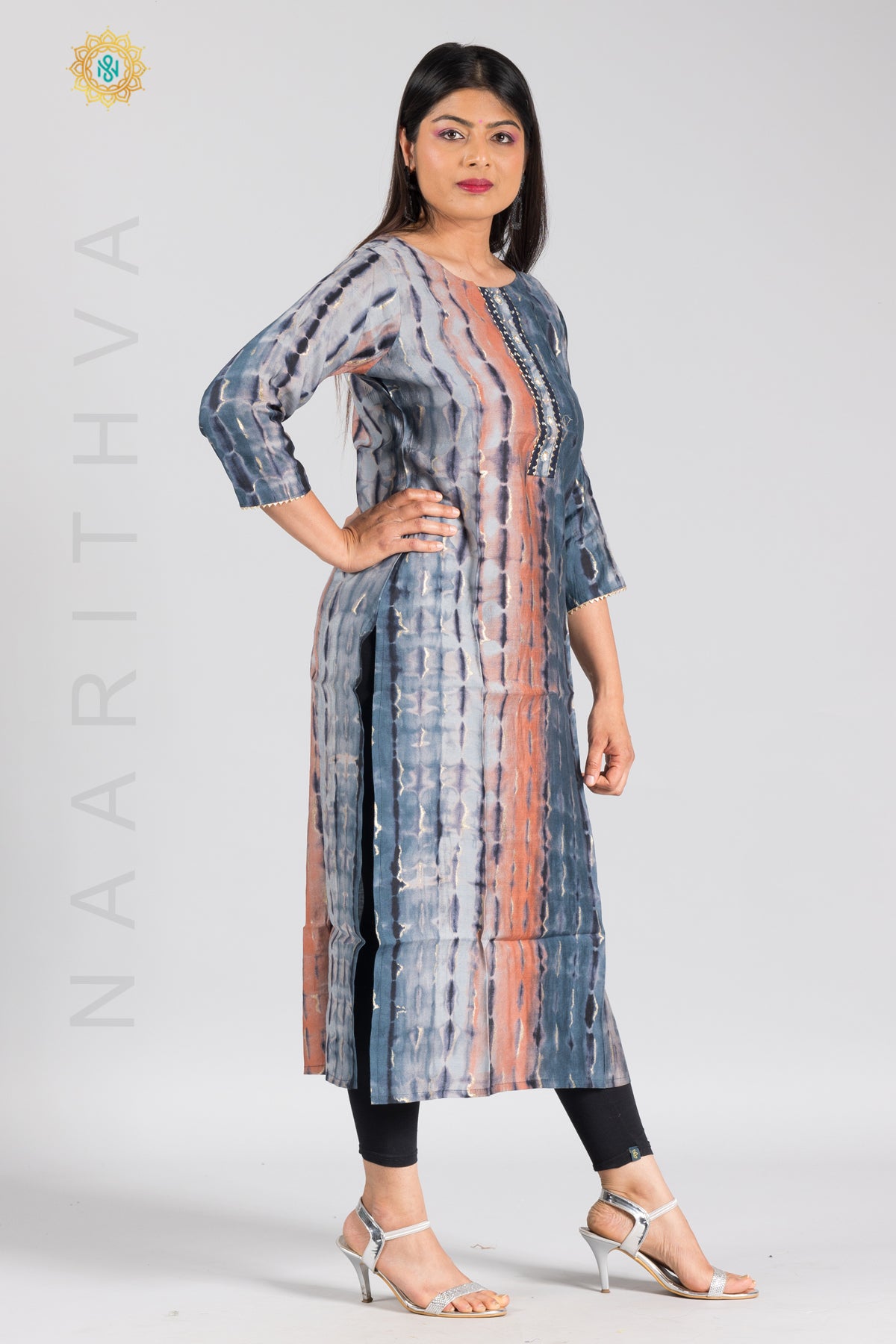 BLUE WITH BROWN - MODAL SILK CASUAL STRAIGHT CUT KURTI WITH NECK EMBROIDERY
