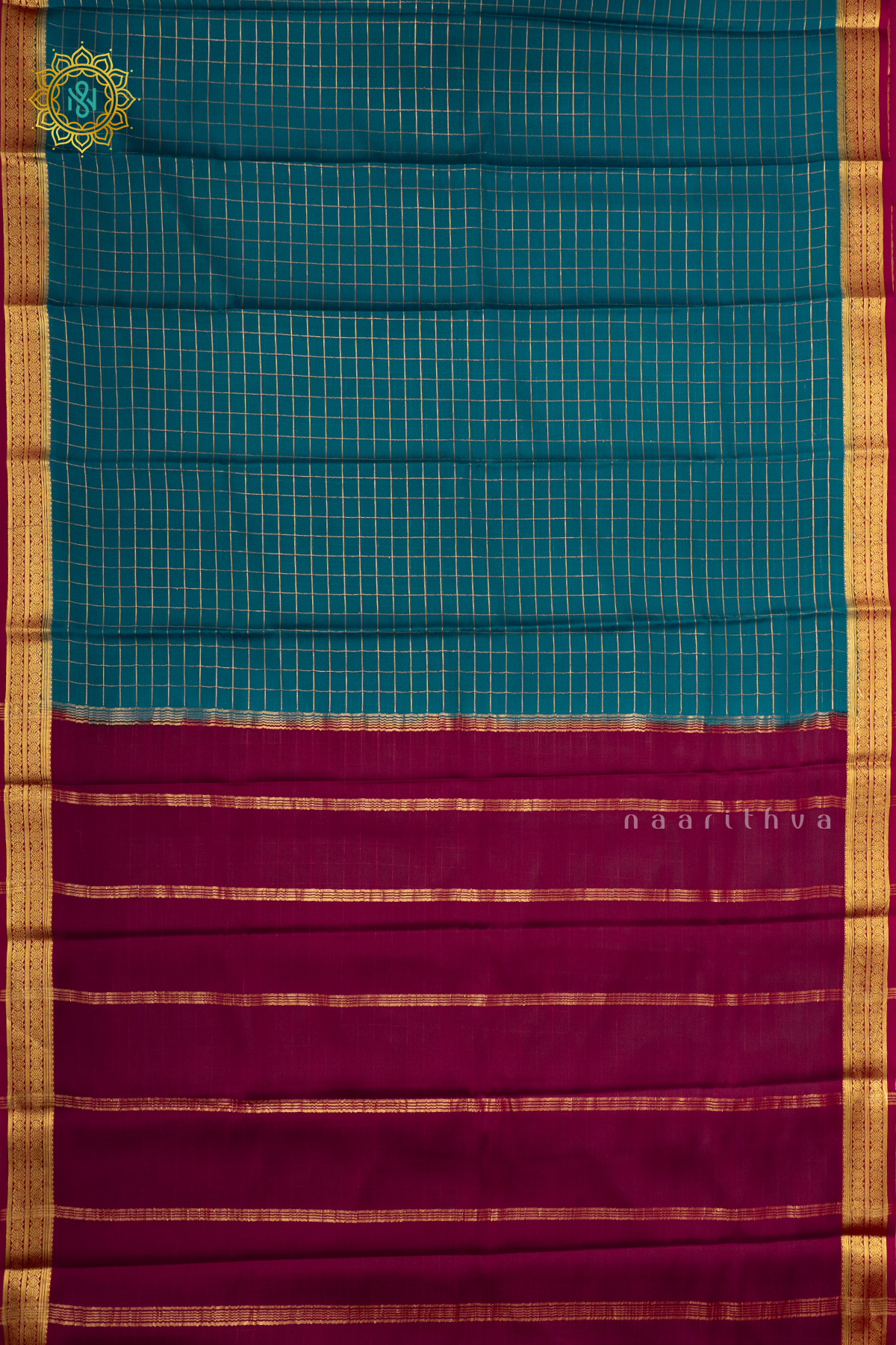 AQUA BLUE WITH PINK - PURE MYSORE CREPE SILK