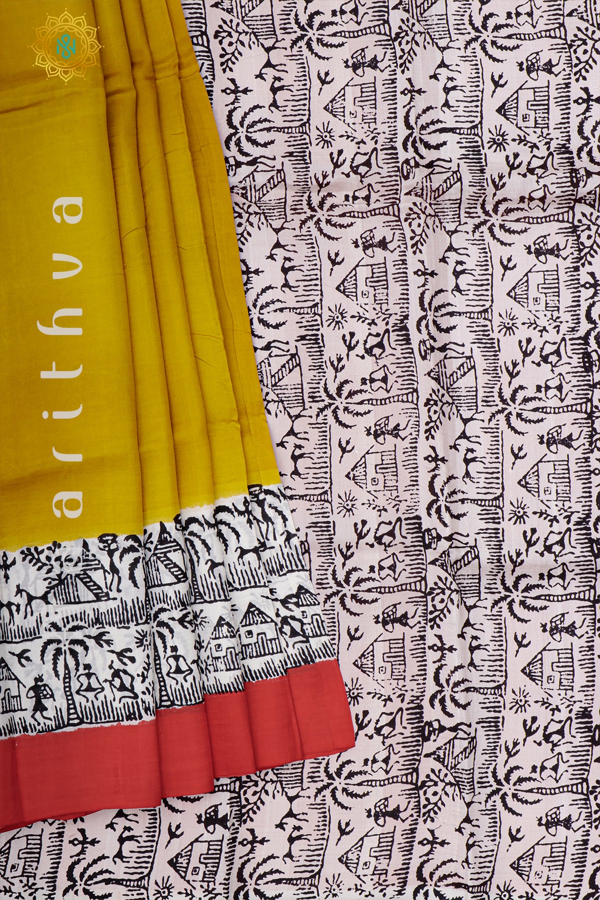 YELLOW WITH RED - PURE MULBERRY SILK WITH BLOCK PRINT