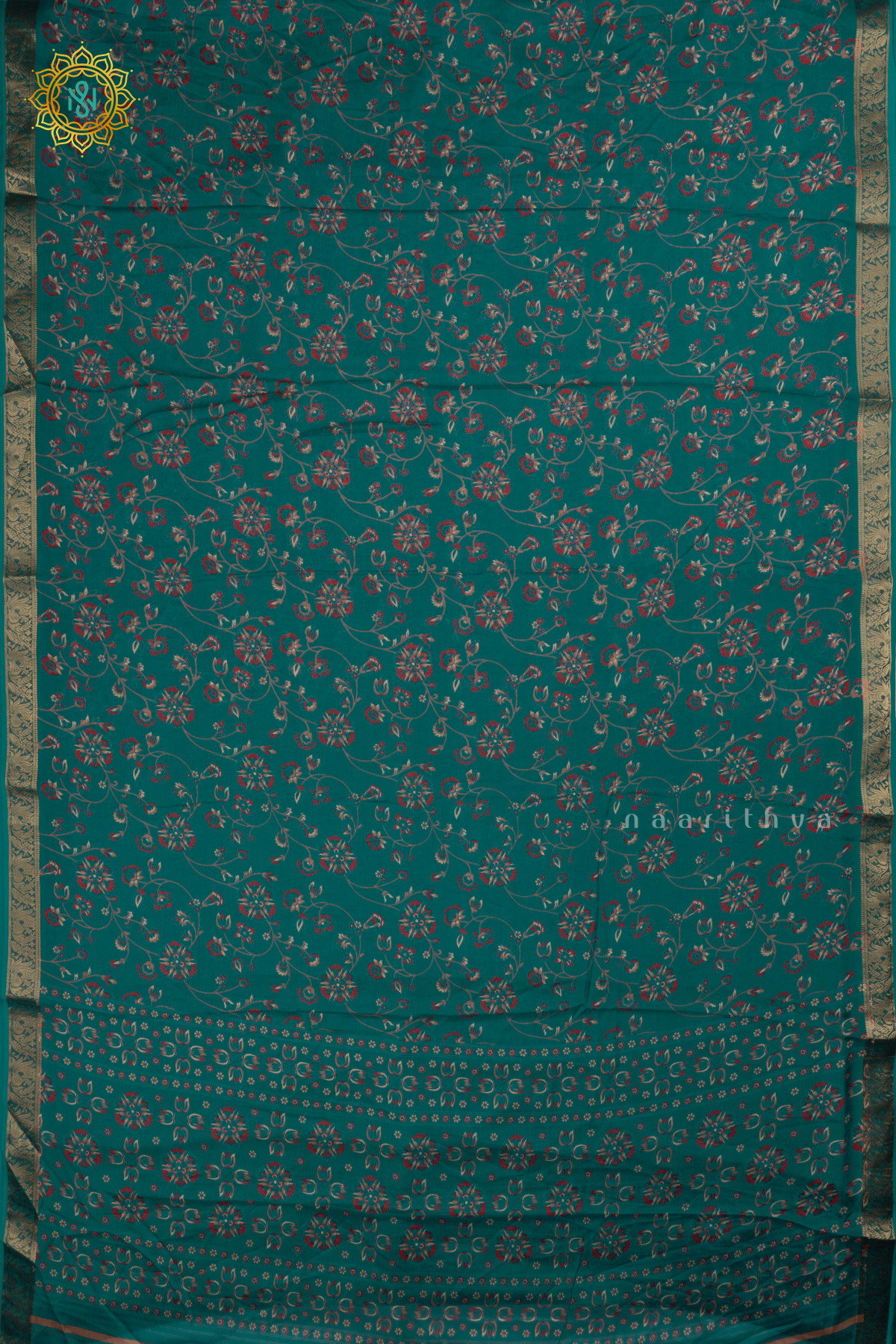 Cyan Green Semi Georgette Saree With Printed Body And Zari Border