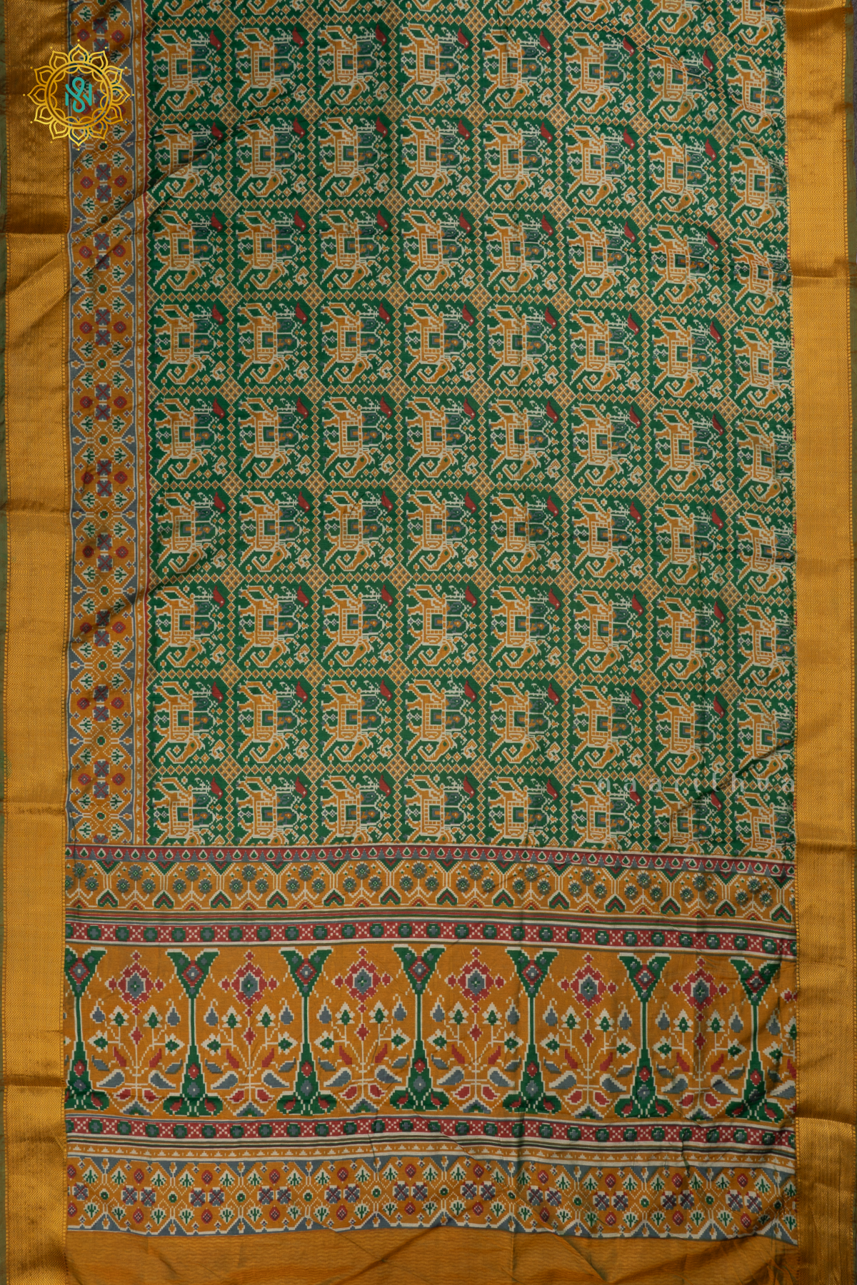 Green with Yellow - Semi Silk Saree Allover Patola Printed Body with Contrast Zari Border, Pallu and Blouse