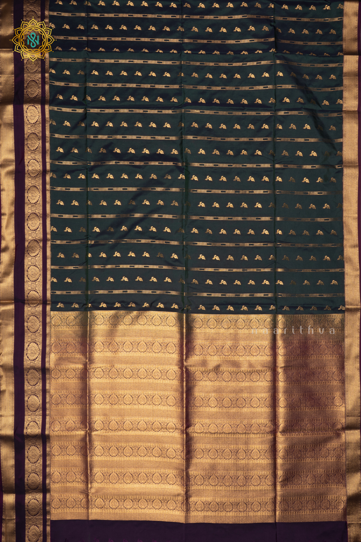 PEACOCK BLUE WITH PURPLE - SEMI KANCHI SAREE ALLOVER ZARI BUTTAS AND CONTRAST GAP BORDER